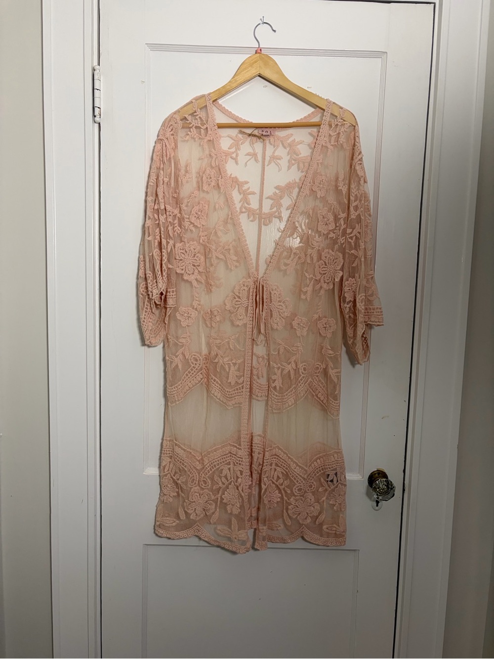 POL Sheer Lace Kimono Robe - Peach